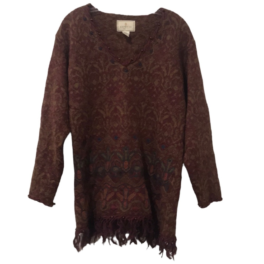 Express Tricot Vintage Beaded Fringe Hem Tunic Sweater Size XS